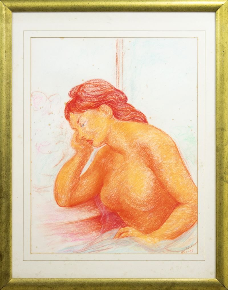 Aligi  Sassu : Nudo al tavolo rosso  (1989)  - pastelli e olio su carta - Asta 3152 Auction - Arte Investimenti - investire con arte