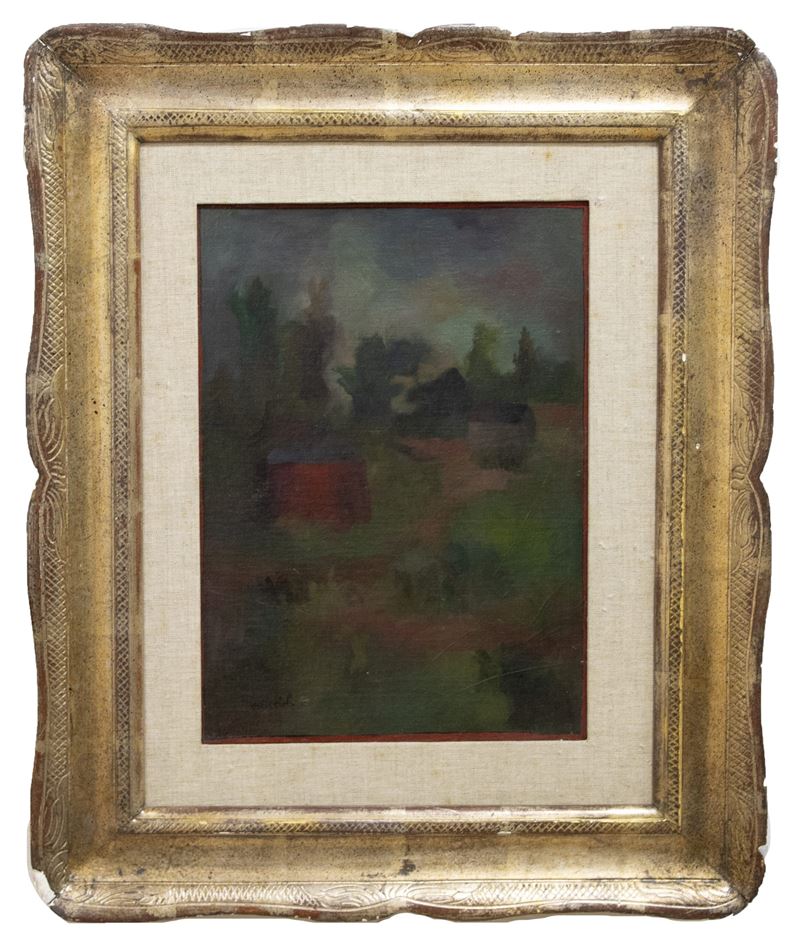 Giovanni Omiccioli : Paesaggio con casa rossa  (anni Cinquanta)  - Asta Affordable Auction - Arte Investimenti - investire con arte