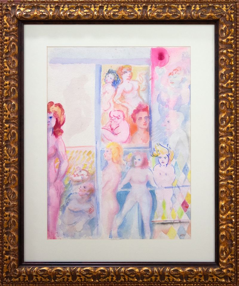 Aligi  Sassu : Le vetrine  (1985-1992)  - acquarello su carta - Asta Affordable Auction - Arte Investimenti - investire con arte