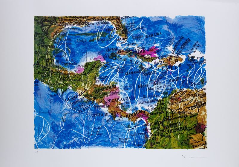 Mario Schifano : Cartina Caraibi  (1996)  - Serigrafia materica - Asta 7006 Auction - Modern and Contemporary Art - ArteIN - Investire con arte