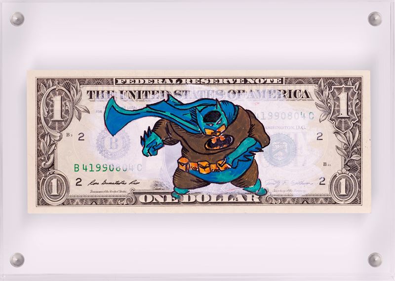 Money1st : Batman over size  (2024)  - Acrilico su dollaro in teca di plexiglass - Asta 7005 Auction - Modern and Contemporary Art - ArteIN - Investire con arte