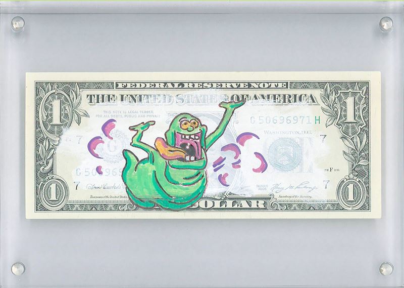 Money1st : Slimer  (2024)  - Acrilico su banconota da un dollaro (Facsimile) in teca di plexiglass - Asta 7005 Auction - Modern and Contemporary Art - ArteIN - Investire con arte