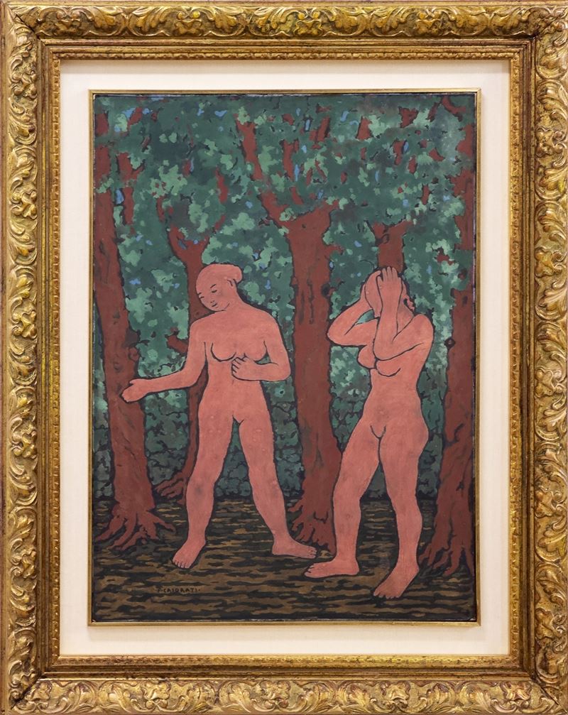 Felice  Casorati : Nudi (in piedi) nel bosco  (1961)  - tempera su carta intelata - Asta Affordable Auction - Arte Investimenti - investire con arte