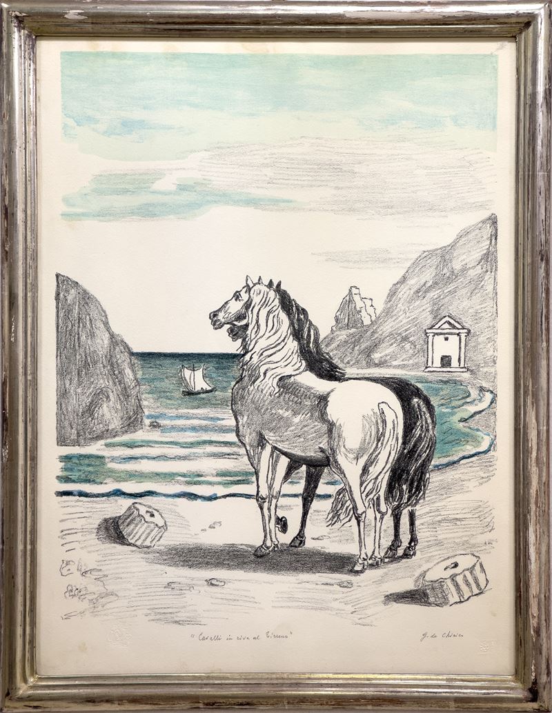 Giorgio De Chirico : Cavalli in riva al Tirreno  (1970)  - litografia a 3 colori - Asta Affordable Auction - Arte Investimenti - investire con arte