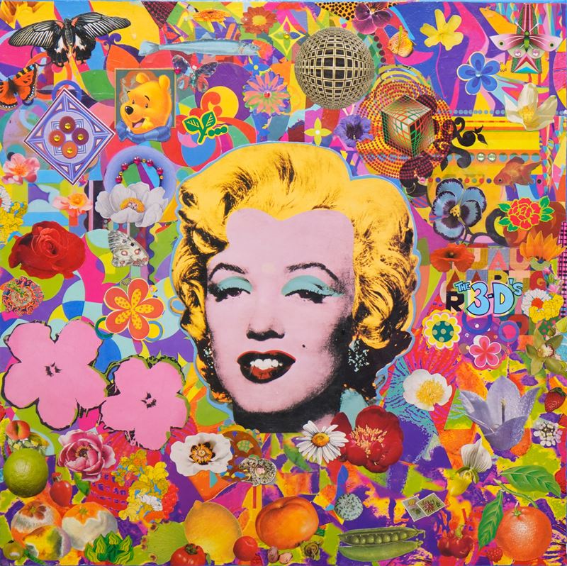 Felipe Cardena : Marylin pop flowers  (2018)  - collage e acrilico su tela - Asta Affordable Auction - Arte Investimenti - investire con arte