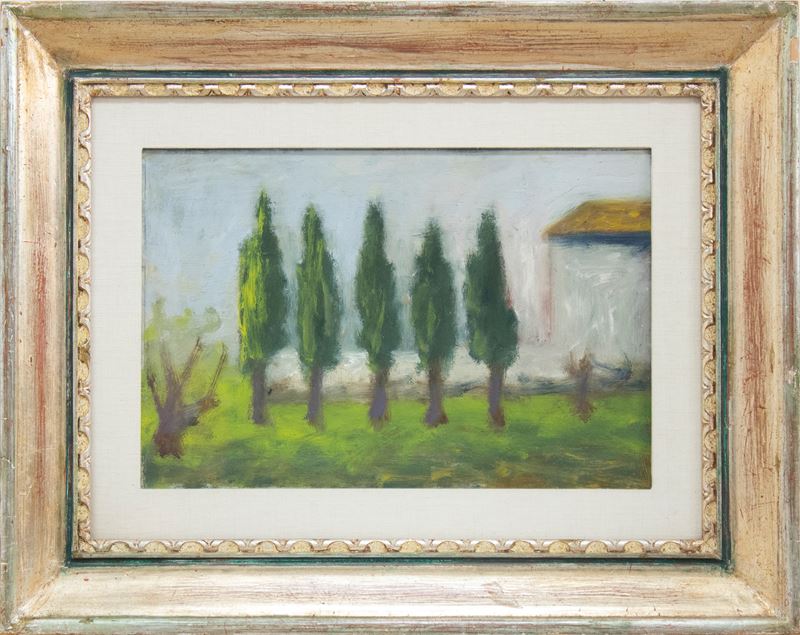 Ottone Rosai : Casa e cipressi  (1956-57)  - olio su tavola - Asta 9005 Auction - TRE OFFERTE - Arte Investimenti - investire con arte