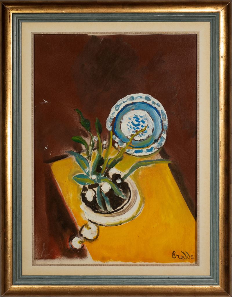 Gastone  Breddo : Fiori e piatto  - Olio su tela - Asta 7005 Auction - Modern and Contemporary Art - ArteIN - Investire con arte