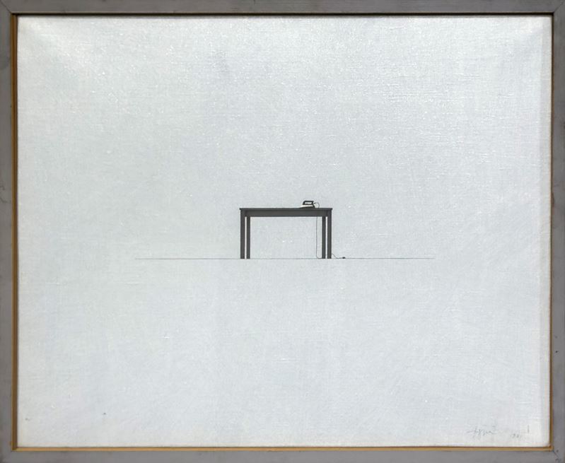 Tino Stefanoni : Elenco di cose 171 (Tavolo con ferro da stiro)  (1981)  - Acrilici e grafite su tela - Asta 7006 Auction - Modern and Contemporary Art - ArteIN - Investire con arte