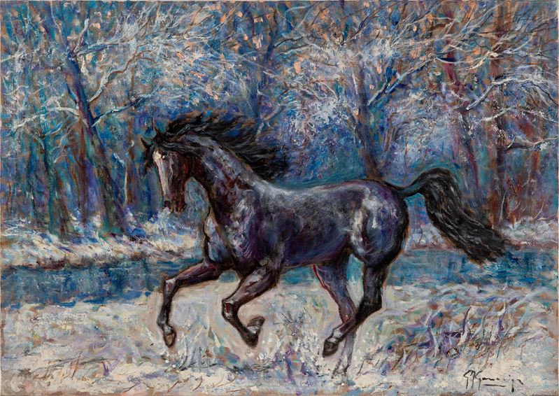 Giovan Francesco Gonzaga : Il mio sire al galoppo sulla neve  (1990)  - Olio su tela - Asta 7006 Auction - Modern and Contemporary Art - ArteIN - Investire con arte