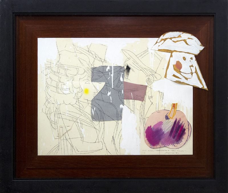 Concetto Pozzati : Parliamo di Mario Pozzati  (1989)  - pittura collage su cartoncino - Asta Affordable Auction - Arte Investimenti - investire con arte